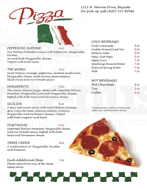 Italian Flag Pizza Menu Page 1