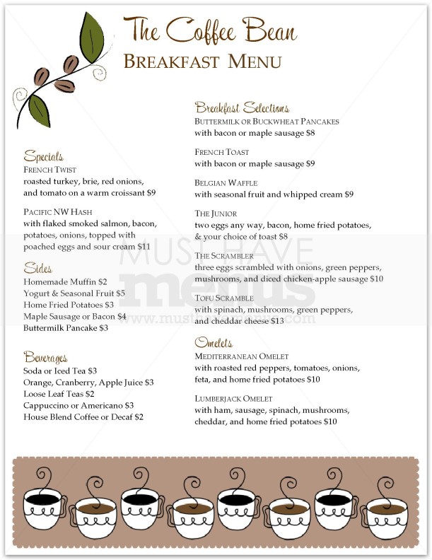 Coffee Bean Breakfast Menu Page 1