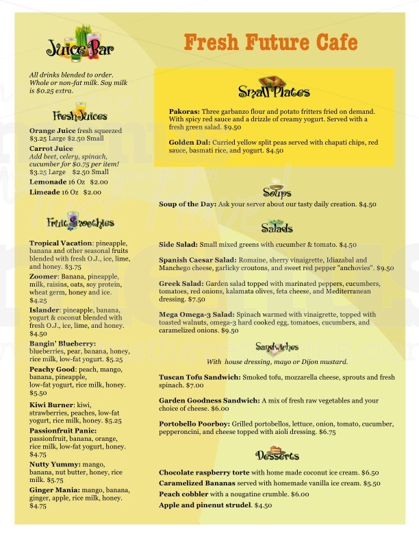 Vegetarian Juice Bar Menu Page 1
