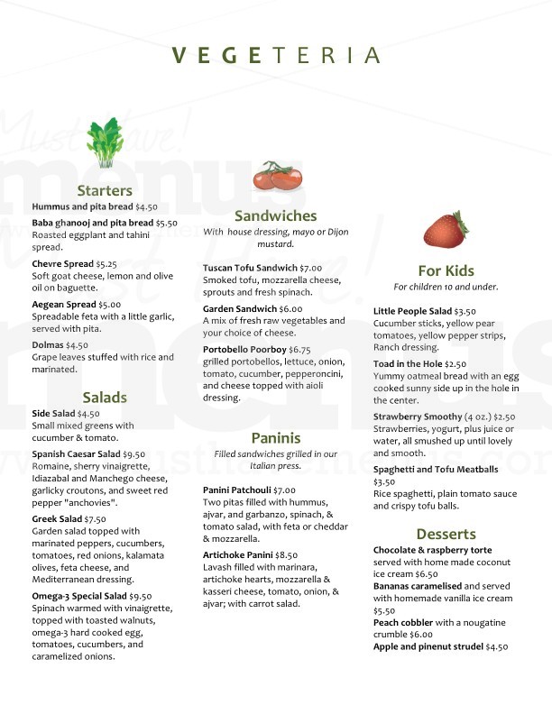 VEGETARIAN MENU vegetarian menu: