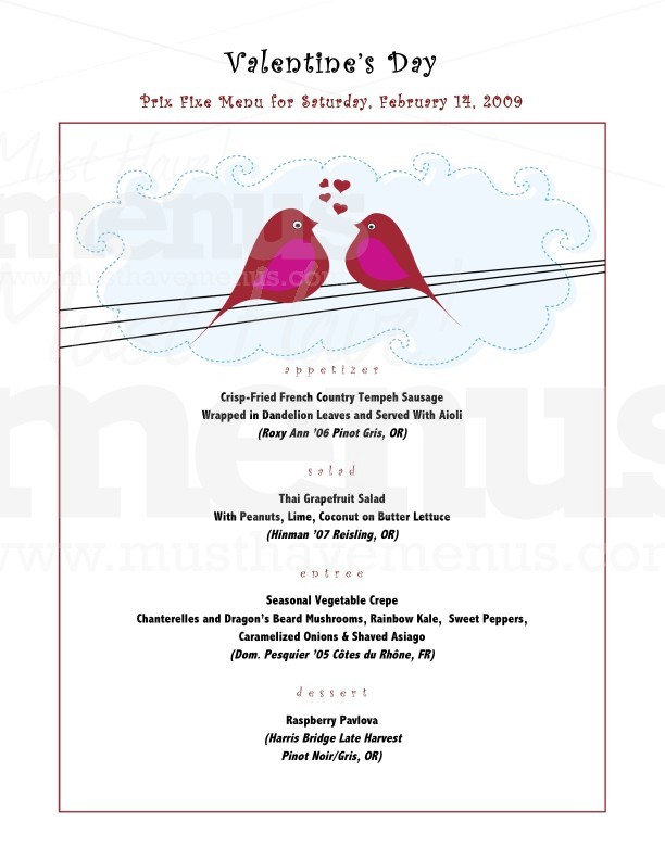 Love Birds Prix Fixe Menu Page 1