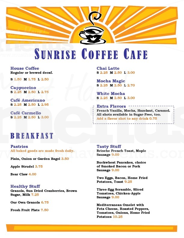 Sunrise Coffee House Menu Page 1