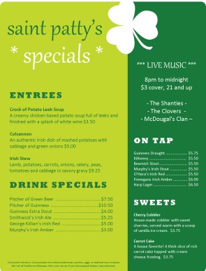 fays st patricks day menu no dartmouth ma