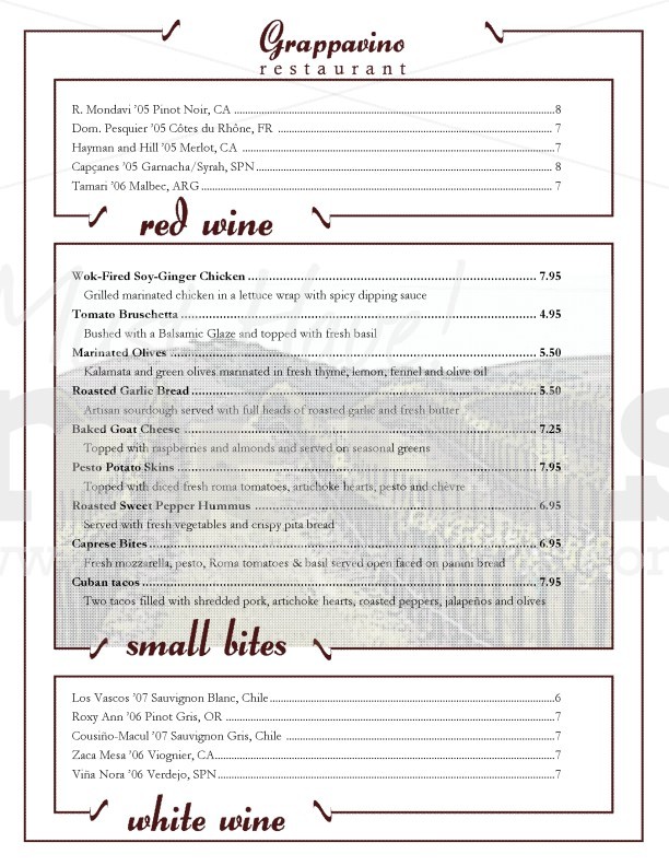 Vineyard Wine Bar Menu Page 1