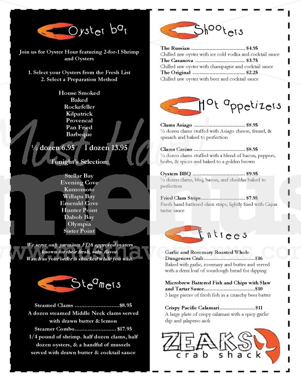Crab Shack Menu Page 1