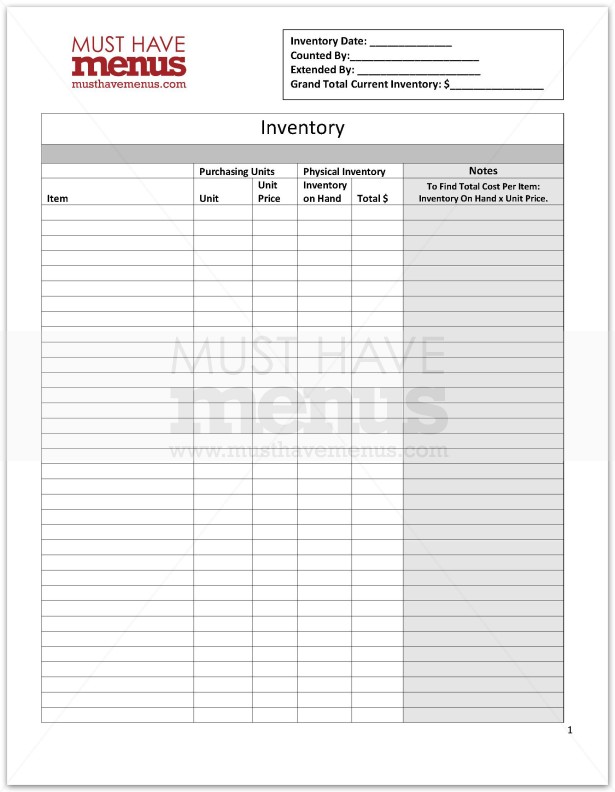Blank Monthly Inventory Form | page 1