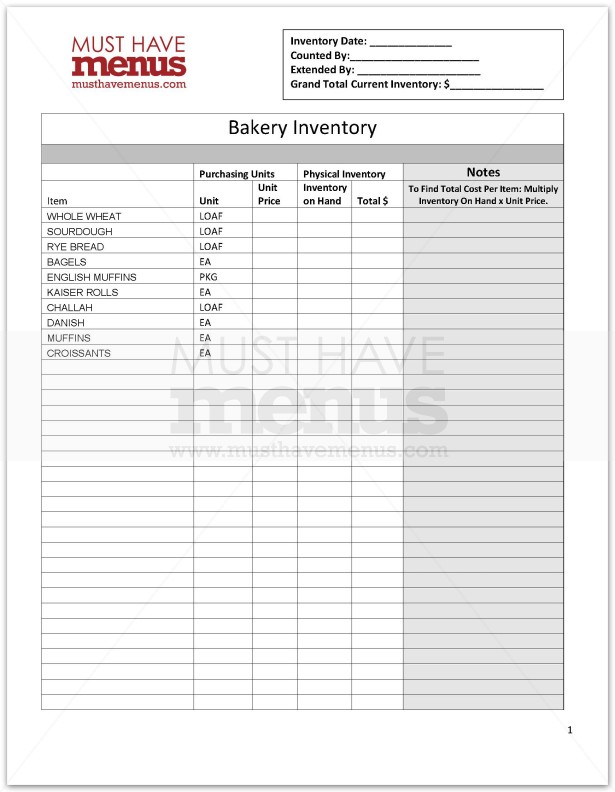 Bakery Inventory Form | page 1
