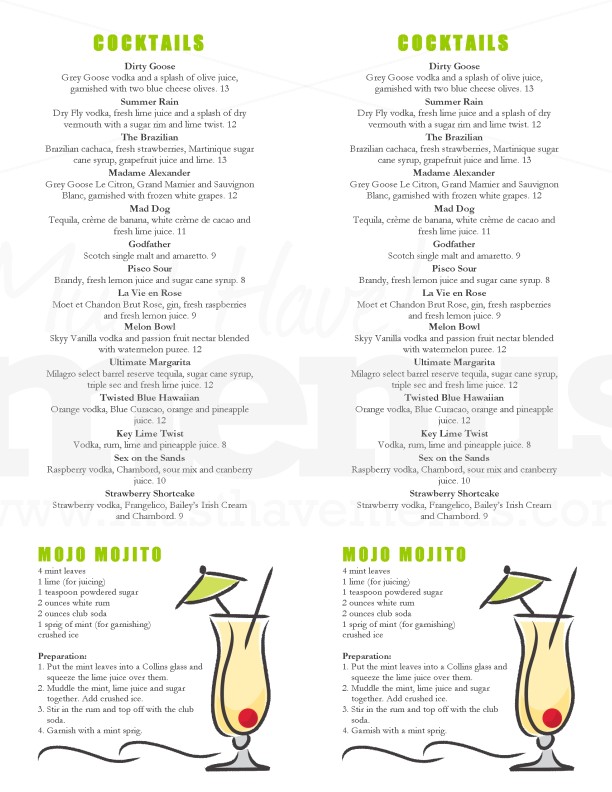 beverages menu sample golfclub sample drink menu