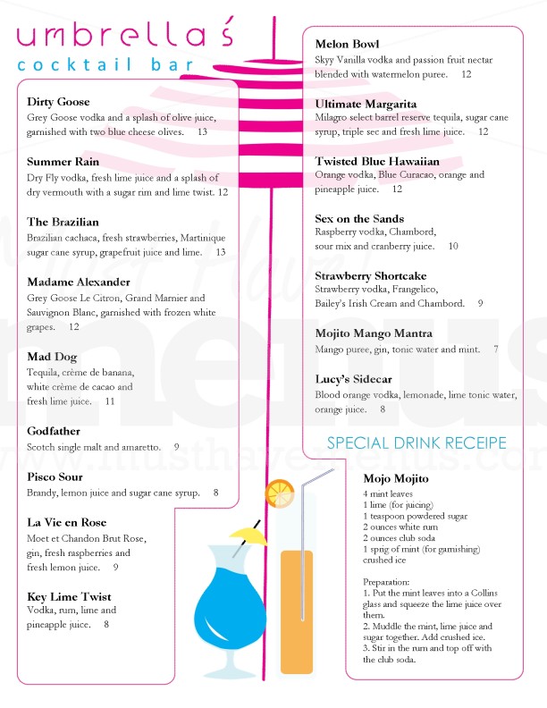 Umbrella Cocktail Menu Page 1