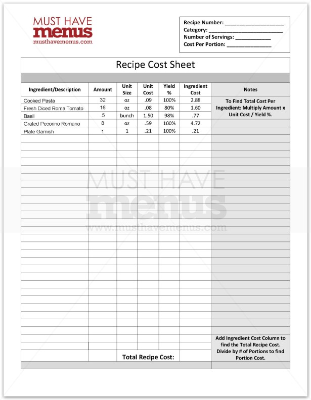 Recipe Cost Form | page 1