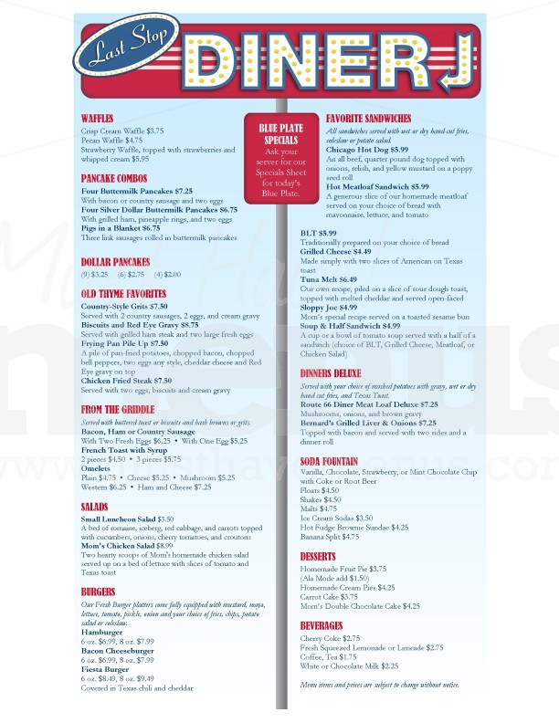 Roadside Diner Menu Long Page 1