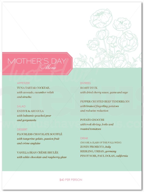 Mothers Day Dinner Menu | page 1