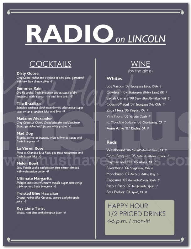 Bar Drinks Menu Page 1