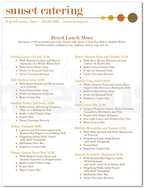 Menu for Box Lunch Catering Page 1