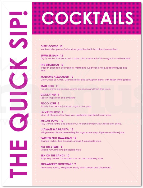 Pool Bar Menu Page 1