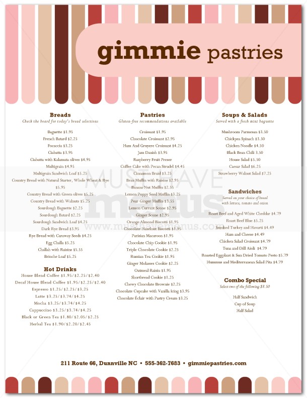 Bakery Desserts Menu Page 1