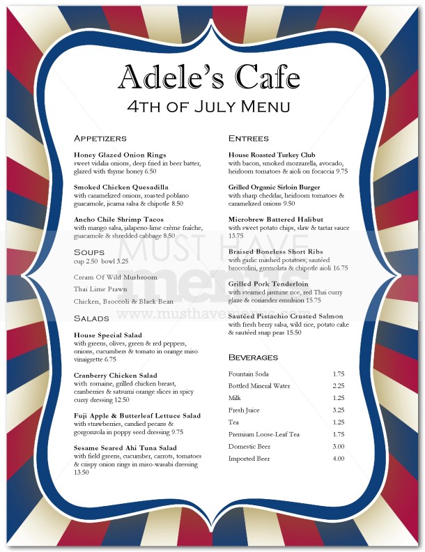 4Th Of July Menu Template