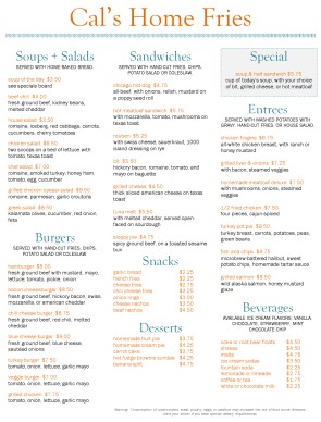 Customize Diner Dinner Menu