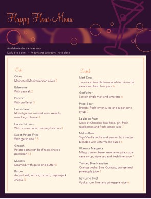 Customize Bar Happy Hour Menu