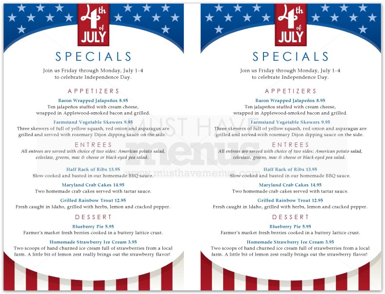 4th of July Specials Menu Page 1