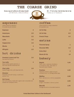 Customize Traditional Coffee Menu