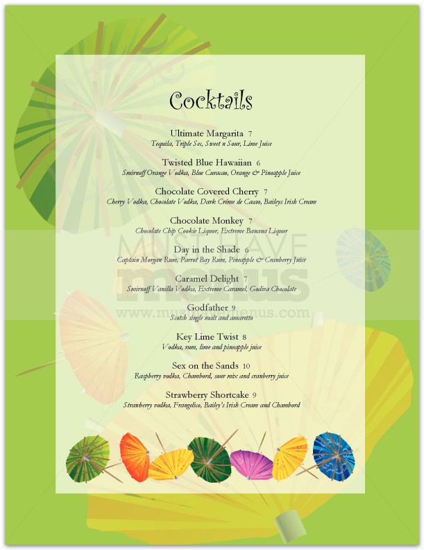 Cocktail Umbrella Specials Menu | page 1