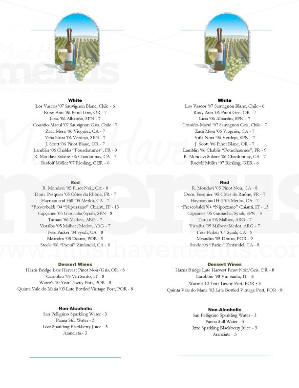 Vineyard Wine Menu | page 1
