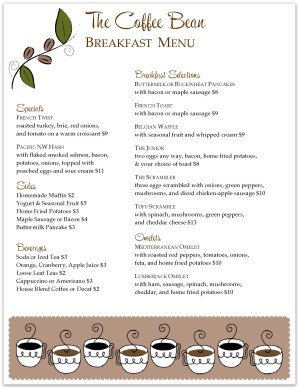 Coffee Bean Breakfast Menu