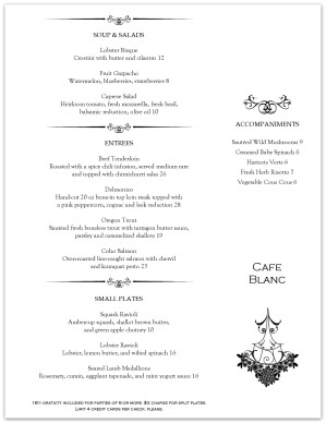 Chandelier Fine Dining Menu