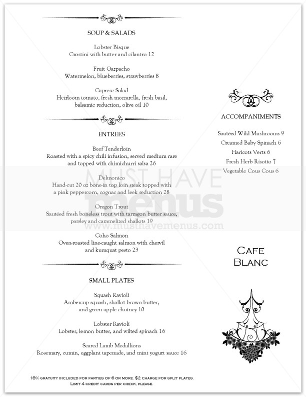 Chandelier Fine Dining Menu | page 1
