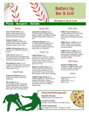 Baseball Sports Bar Menu