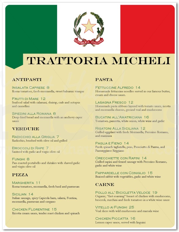 Trattoria Italian Menu | page 1