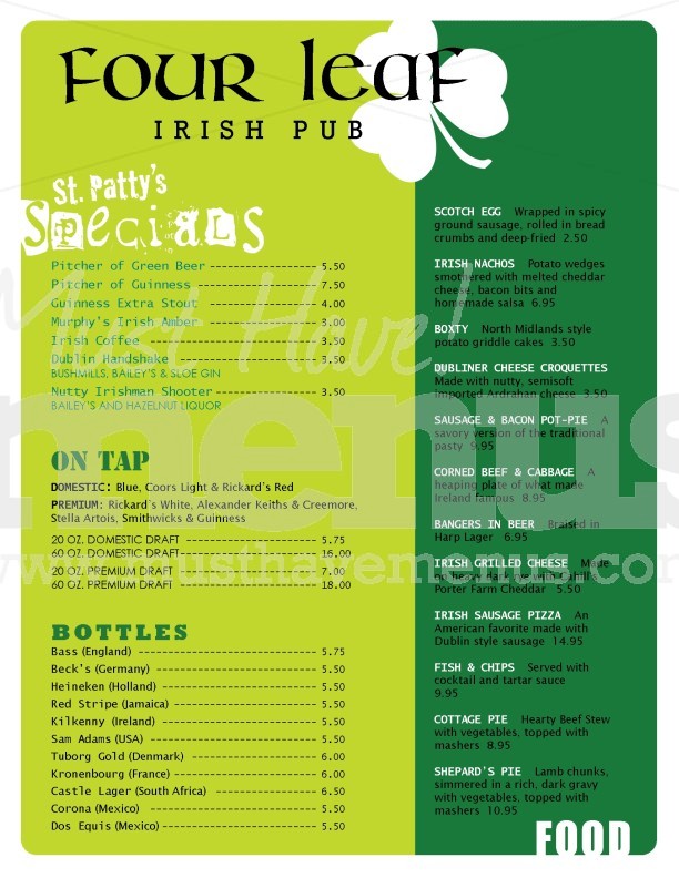 Four Leaf St. Patrick's Day Menu | page 1