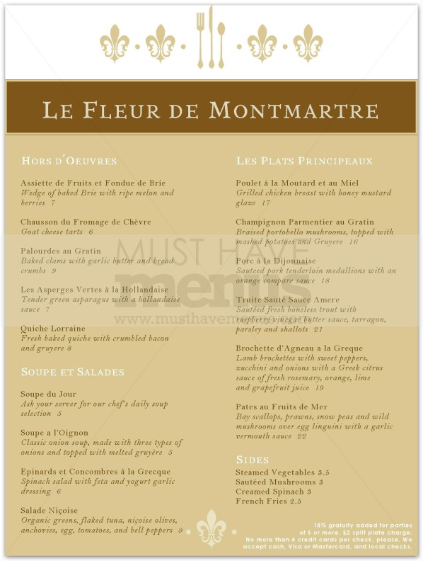Fleur De Lis French Menu | page 1