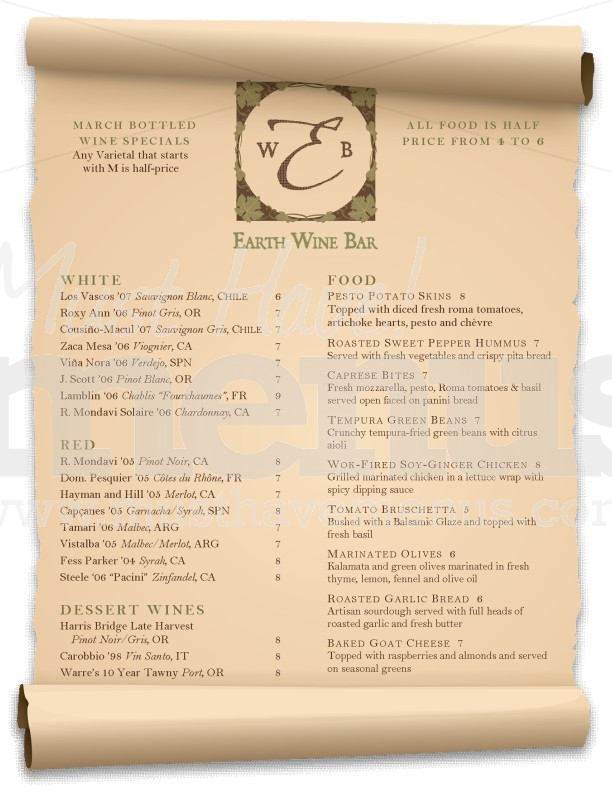 Scrolled Wine Bar Menu | page 1