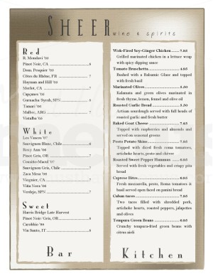 Sheer Taupe Wine Bar Menu