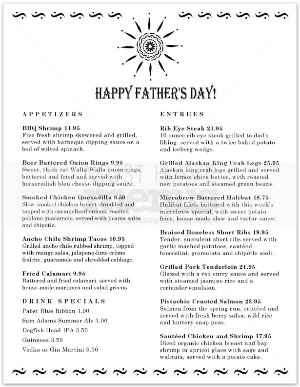 Menu for Fathers Day | page 1