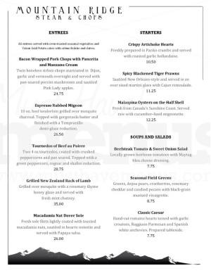 Mountain Lodge Steakhouse Menu