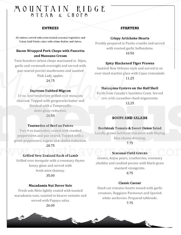 Mountain Lodge Steakhouse Menu | page 1