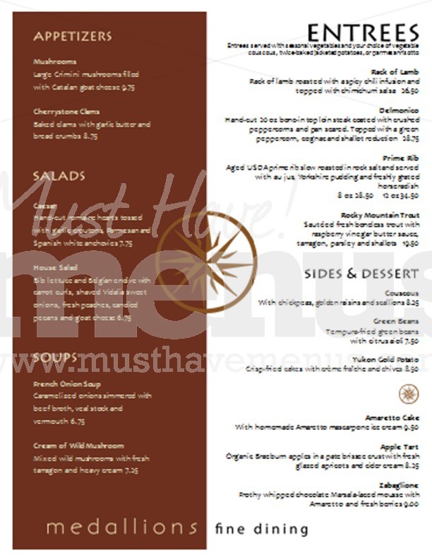 Medallion Fine Dining Menu | page 1