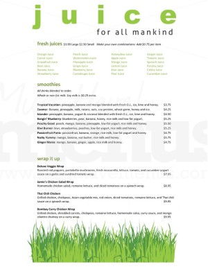 Wheatgrass Juice Bar Menu