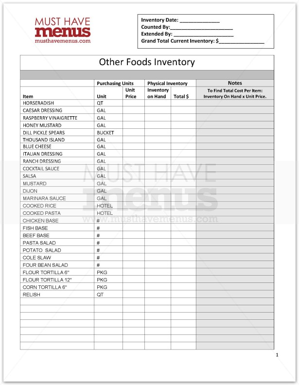 Other Foods Monthly Inventory Form | page 1