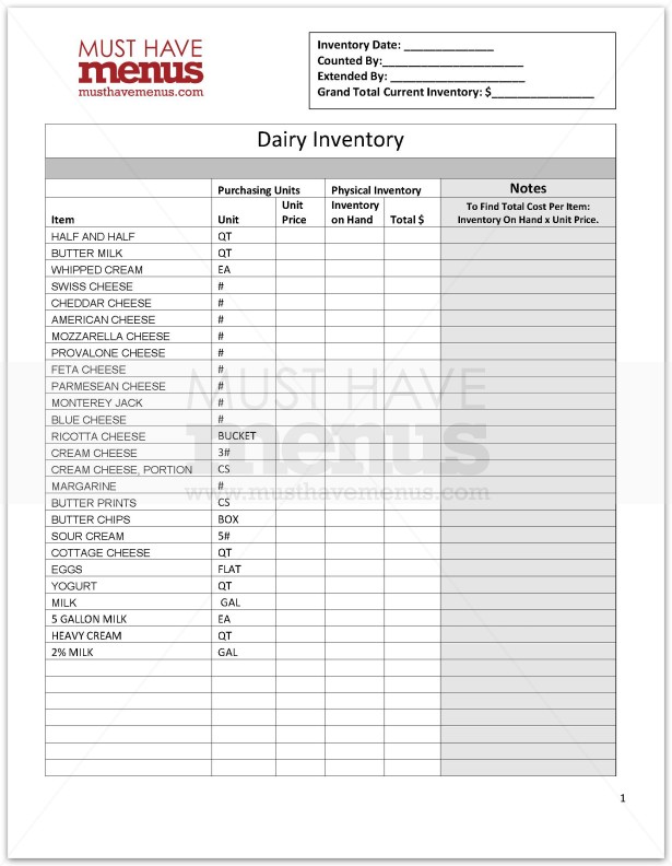 Dairy Monthly Inventory Form | page 1