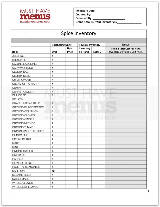 Spice Inventory Form | page 1