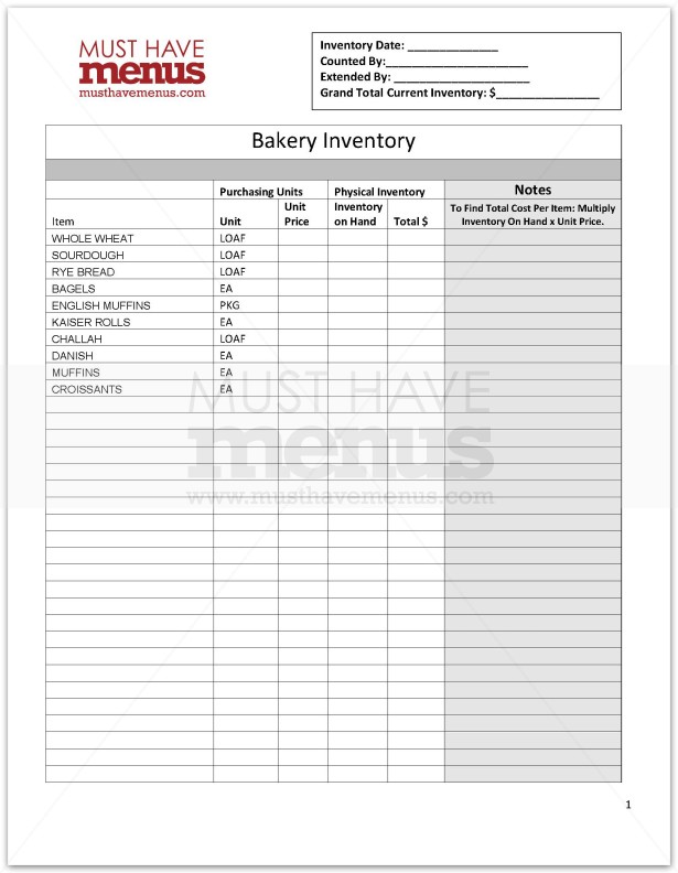 Bakery Inventory Form | page 1