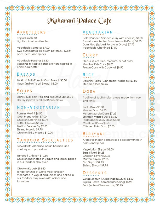 Vegetarian Indian Menu | page 1