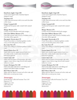 Bistro Dessert Menu