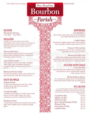Bourbon Cajun Menu