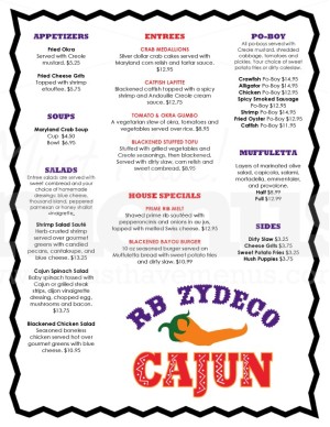 Zydeco Cajun Menu