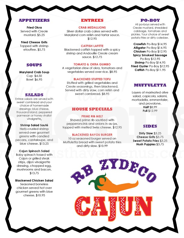 Zydeco Cajun Menu | page 1
